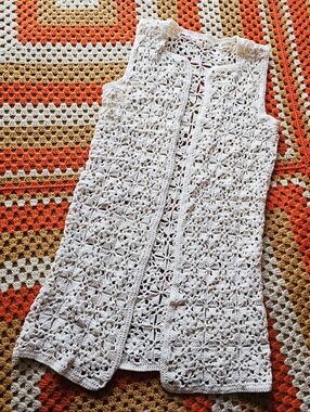Vintage Crochet Handmade Longline Vest Cream Boho Open Knit Sleeveless Duster